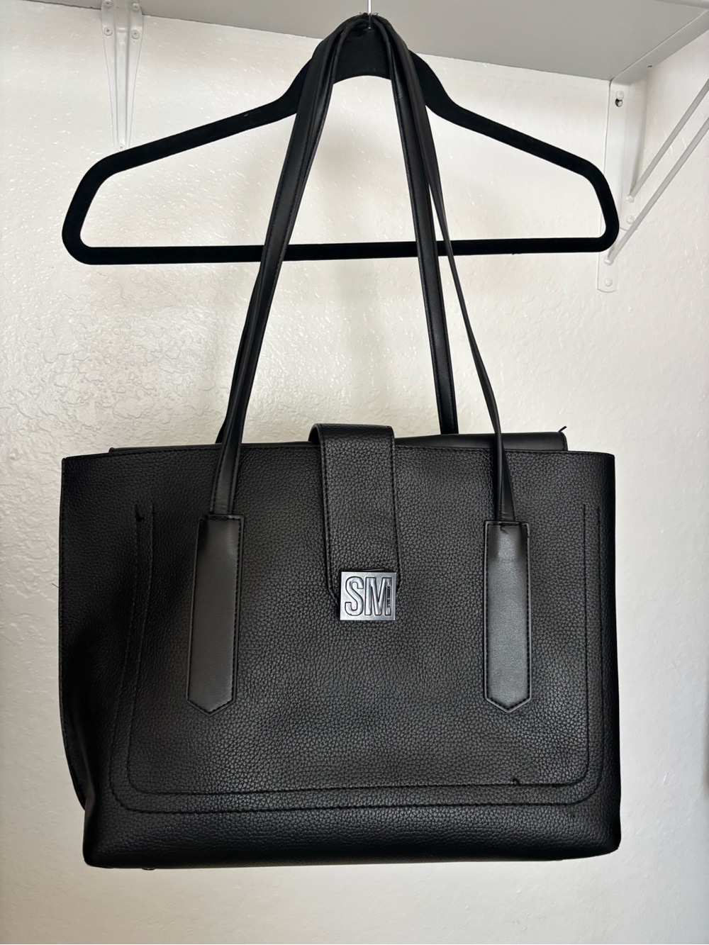 Steve Madden Black Pebbled Leather Tote with SM Logo